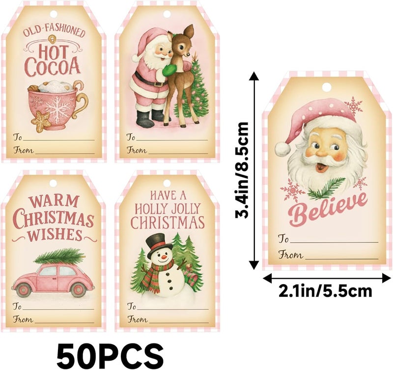 g2plus 50PCS Christmas Gift Tags - 5 Styles Pink Buffalo Plaid Christmas to from Tags with String for Holiday Wrapping, DIY Crafts, New Year Party Favors（3.3x2.2in） - Image 2